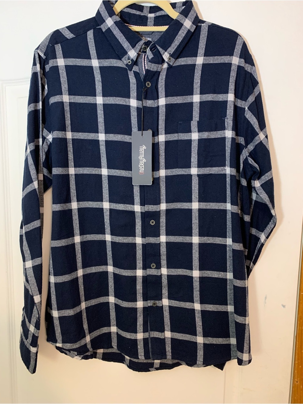 One Day Away Men's Large Blue White Plaid Flannel Button Down Shirt